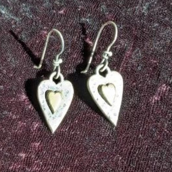 Mixed metal heart dangle earrings, dimensional, sterling wires, designer quality - Picture 6 of 6